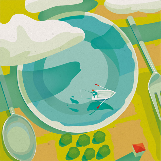 Rowboat fishing, table-setting scene conceptual illustration by Daria Kirpach.