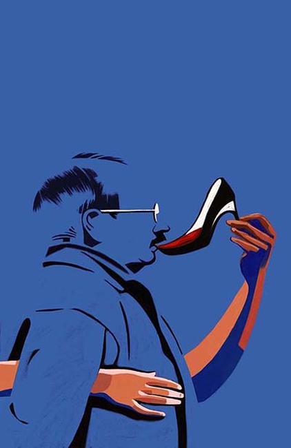 Editorial illustration - Ricette Immorali - a man drinking from woman's shoe by Ivan Canu.