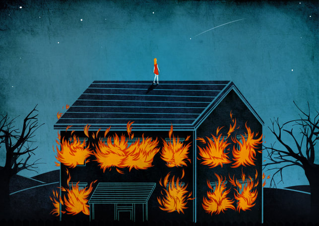 A conceptual illustration of a burning house, a woman stand on the roof. Artist: Bendetto Cristofani.