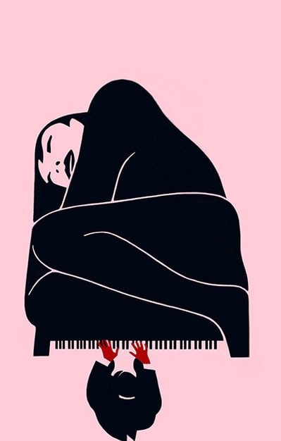 A conceptual illustration of a woman and a piano by Ivan Canu
