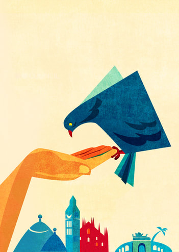 advertising illustration of blue bird in hand by Daria Kirpach
