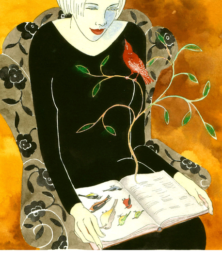 An illustration in watercolor of a seated woman in a black dress by Denise Hilton-Campbell.
