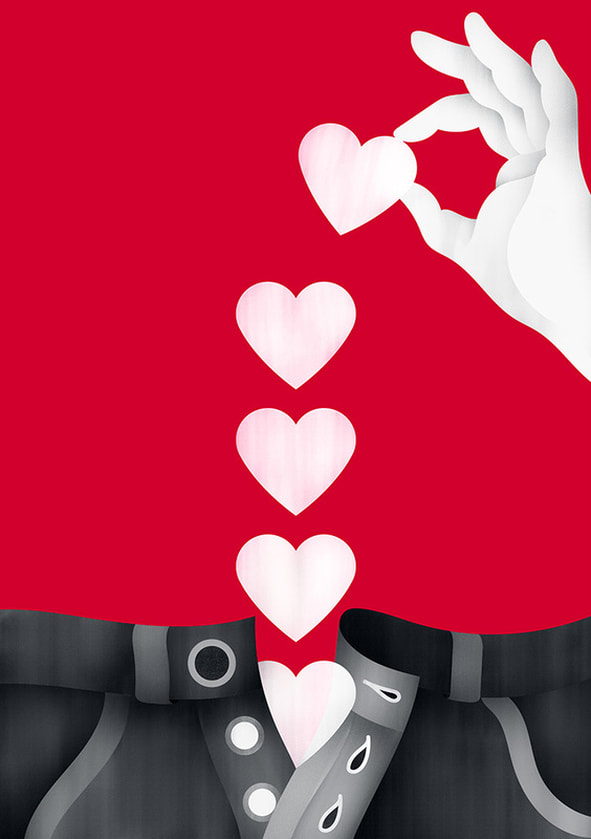 Romantic hearts float up from an open zipper in this St Valentines Day illustration by Giulio Bonasera.