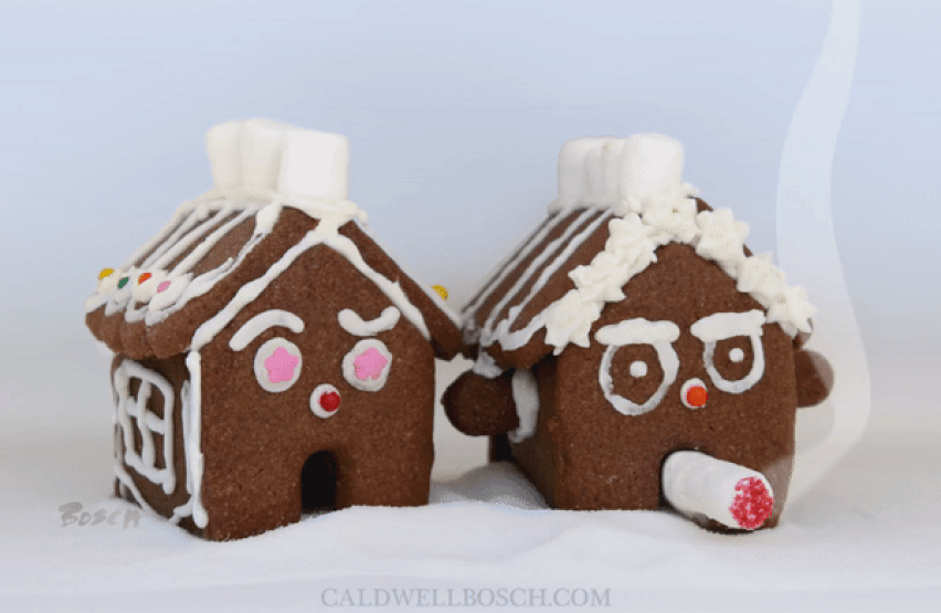 Gingerbread houses, one smoking a cigarette, the other shocked.