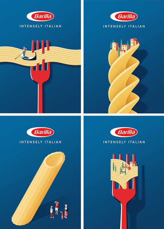 Italian-themed advertising posters creatively merging pasta with iconic locations in Italy