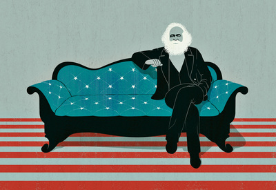 Karl Marx sitting on a sofa with a USA flag pattern