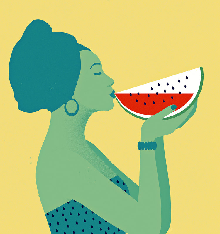 Illustration of a woman eating a slice of watermelon