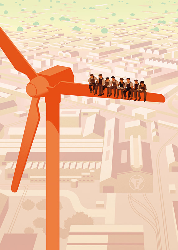 Illustration of a group on workers sitting on the blade of a wind turbine