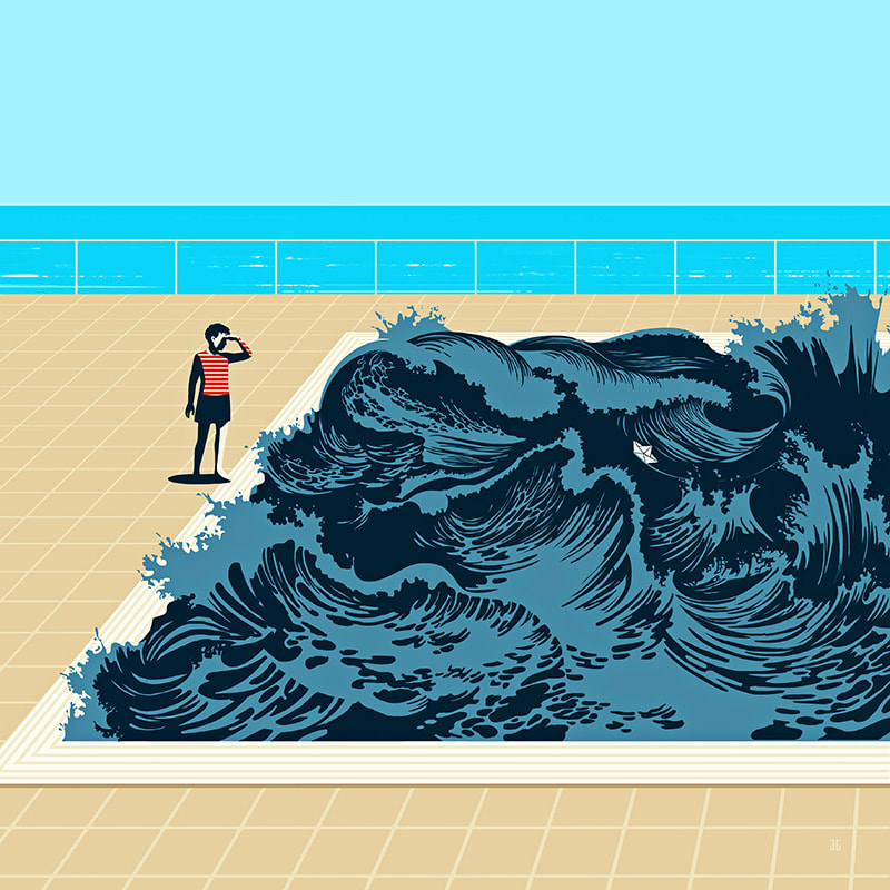 Surreal illustration showing a stormy ocean contained within a swimming pool, representing a teenager's emotional struggles