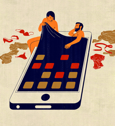 Illustration of a couple lying on a phone-shaped bed, representing modern relationships and dating apps