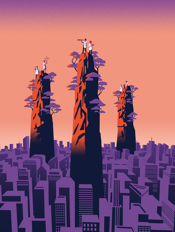 Illustration depicting Tianzi Mountains rising from a modern cityscape with Chinese scientists at the summit, symbolizing China's dominance in the Nature Index while becoming more isolated from global scientific collaboration.