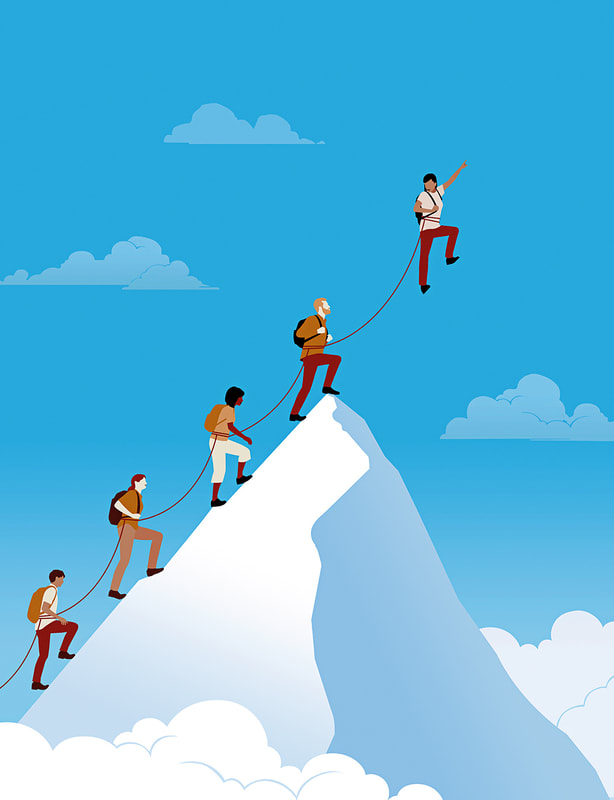 Illustration of a team leader climbing a mountain