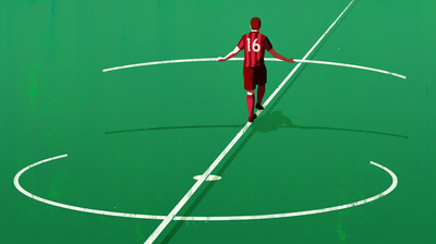 An artistic depiction of a soccer player walking a tightrope on a soccer field