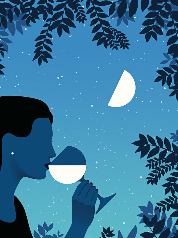 An elegant woman enjoying a glass of white wine under the moonlight. The wine glass creatively resembles the moon
