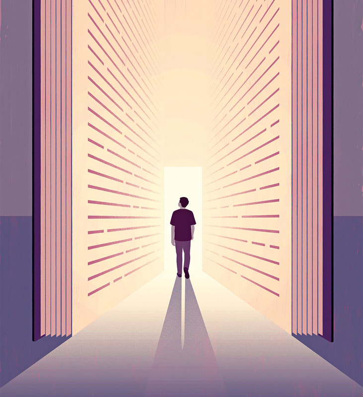 Illustration of a boy entering in a book through a door