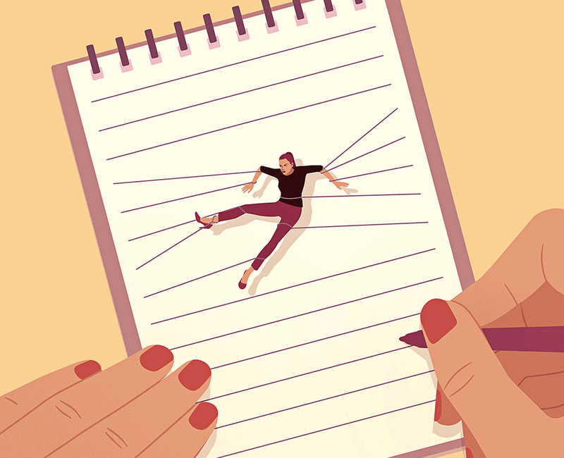 Illustration of a woman tangled in her note pad