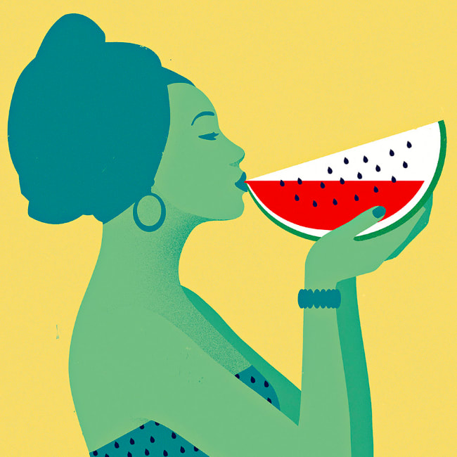 Advertising illustration of a woman in native headdress drinking from a watermelon.