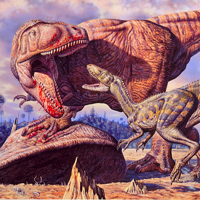 Multimedia drawing of two battling dinosaurs