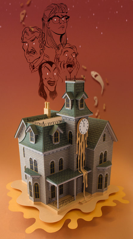 A detailed paper model house in the style of Scooby Doo.