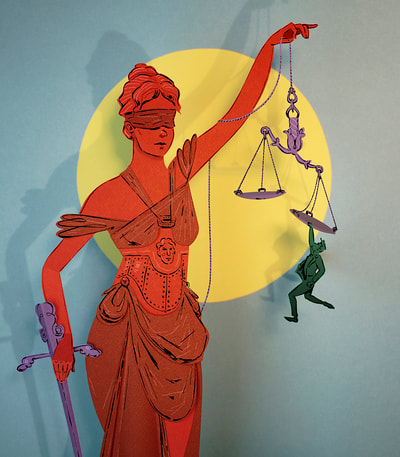 A statue of blind justice has its scales being tipped by a tiny, swinging man