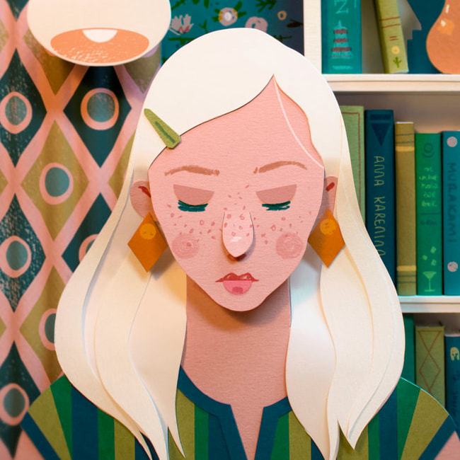 3D, cut-paper illustration of a blond woman with diamond earrings