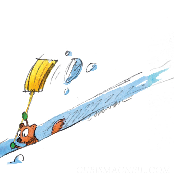 An illustration of a squirrel shoveling snow, who meets a man also shoveling snow.