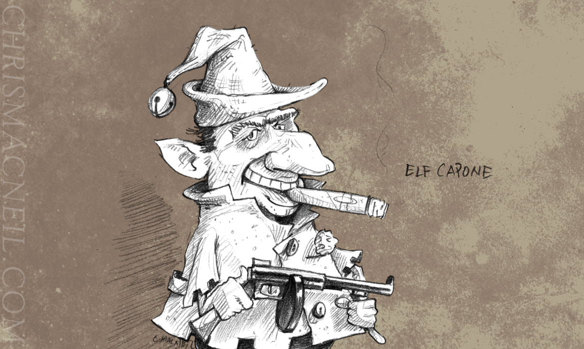 Line and watercolor wash illustration by Chris MacNeil of an elf smoking a cigar, and holing a machine gun.