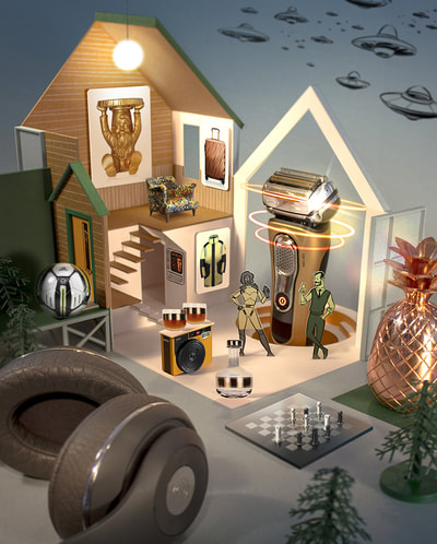 Scattered around a paper model of a cabin film set are high-end leisure and technology gifts.