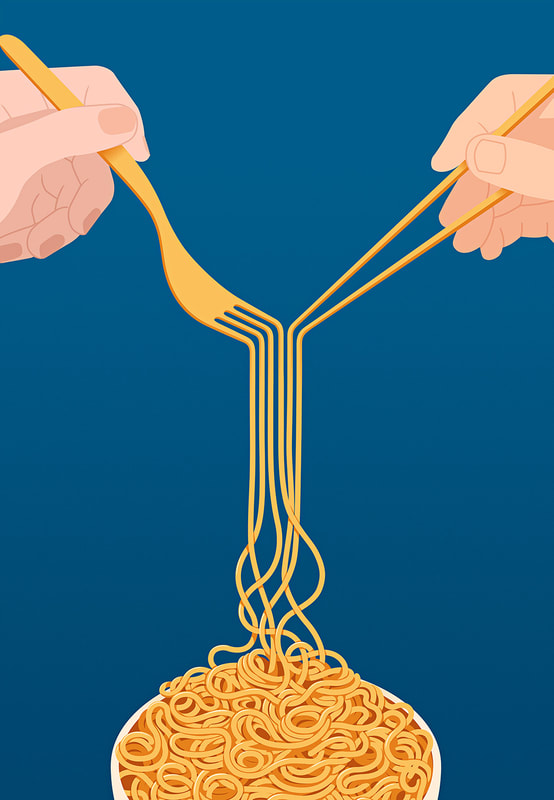 Conceptual illustration featuring hands holding a yellow fork and chopsticks. The utensils merge, transforming into vertical lines that gracefully become noodles, resting in a pot. Symbolizing mutual respect among civilizations, the shared table fosters ideas and perspectives, bridging gaps through cuisine. Inspired by the visual similarities between noodles and spaghetti, the artwork portrays a lighthearted unity.