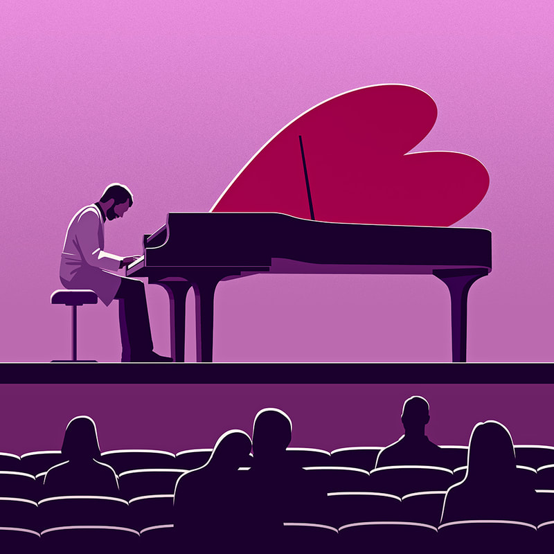Illustration of a doctor on a theatre stage playing a piano shaped like a hearth, symbolizing music therapy.
