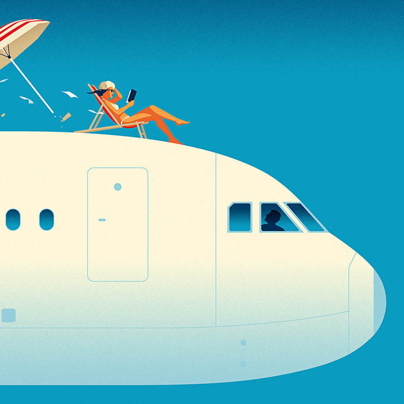 Humoristic illustration of a woman sunbathing on the rooftop of a Boeing airplane during a flight.