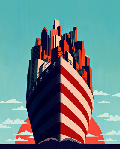 A massive cruise ship designed like a modern city, featuring the American flag on its keel as a nod to the country's ideals