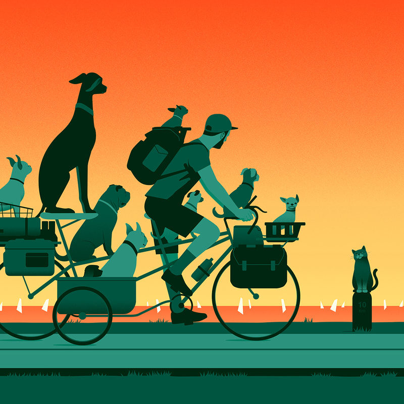 A man on a special bike at sunset travels with a pack of dogs. Unexpectedly, a cat appears, creating a curious interaction. The humorous illustration metaphorically symbolizes life's experiences, with the man collecting dogs representing life's journey. The encounter with a cat adds a twist, raising questions about embracing new experiences.