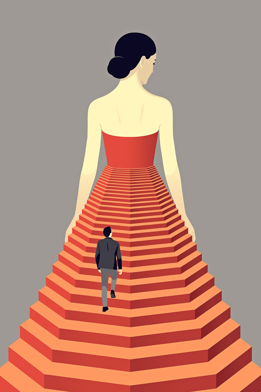 An artistic illustration of a woman in an elegant dress with a patterned skirt that resembles an endless stairway. A smaller figure climbs these steps, symbolizing a journey of desire.