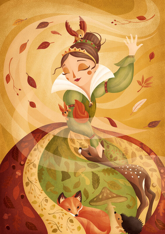 Princess in autumn colors dancing in the wind, protecting animals and is surrounded by autumn leaves in the storm
