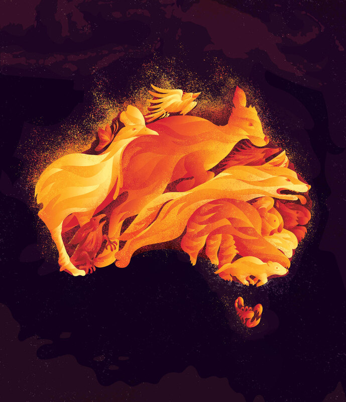 Animals textured like flames are fleeing from the bushfire and build the shape of Australia