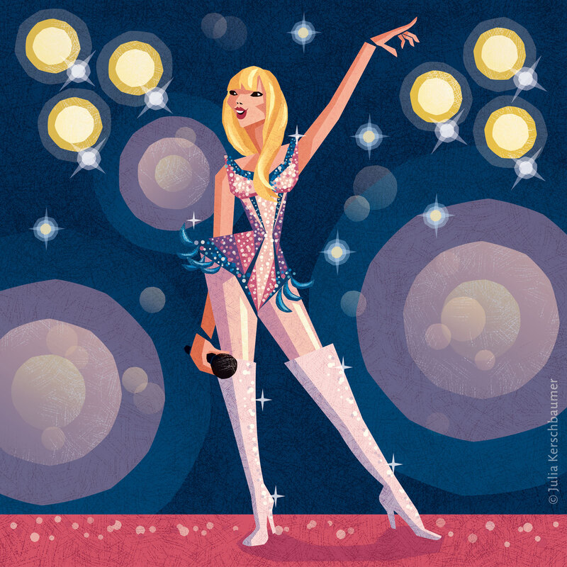 Caricature of popstar Taylor Swift posing on stage