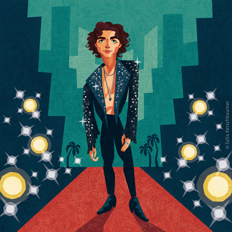 Caricature of actor Timothée Chalamet posing on the red carpet illustrated by Julia Kerschbaumer