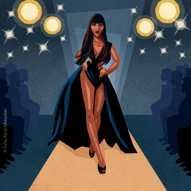 Caricature of supermodel Naomi Campbell walking on the runway at a fashion show,  illustrated by Julia Kerschbaumer