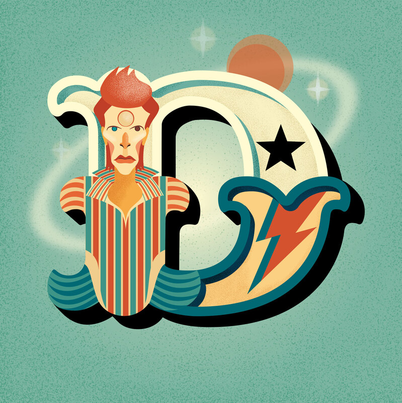 Decorative capital letter D with a caricature of singer songwriter David Bowie as Ziggy Stardust