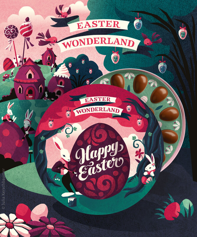 Easter gift box ox of chocolate eggs with illustration of an easter wonderland with easter rabbits painting eggs and candy all around, with a hand lettering logo saying happy easter.