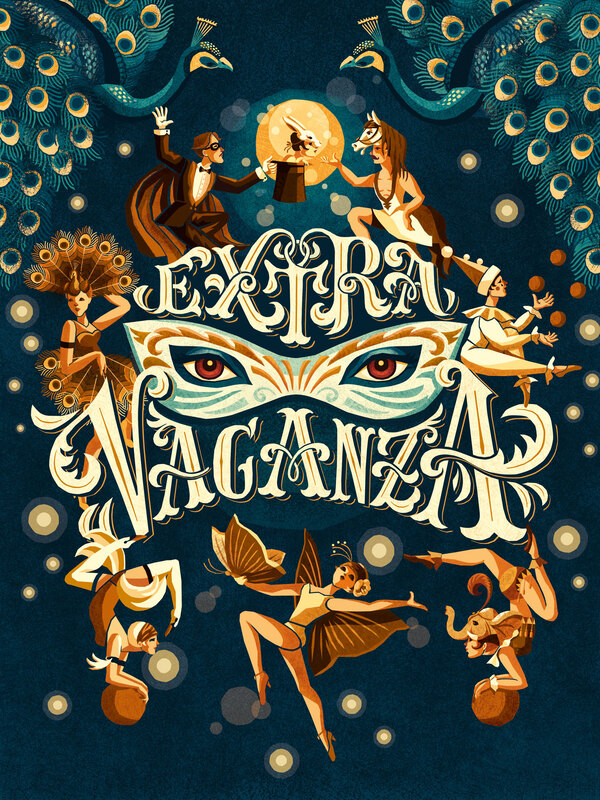 Victorian Lettering saying Extravaganza with a mask and red eyes and circus acrobats in vintage costumes