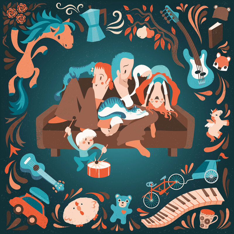 Funny illustration of a family on a sofa surrounded by items of their family life