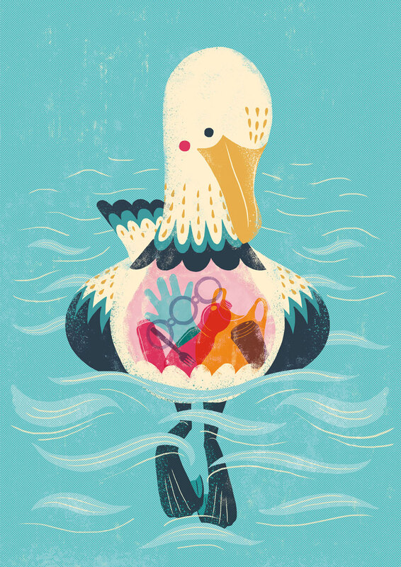 Illustrated seagull swimming in the ocean and has a lot of plastic crap in its tummy
