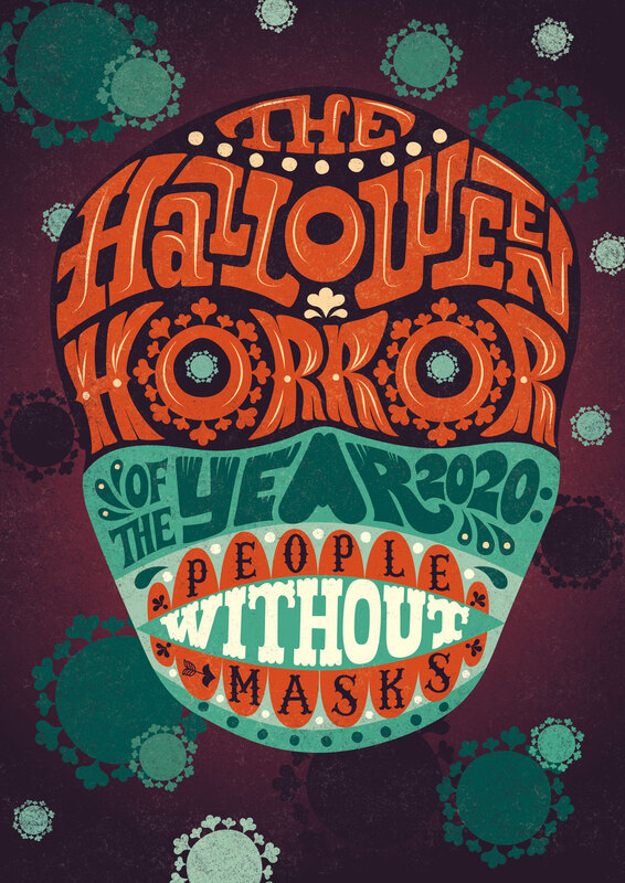 Lettering The Halloween horror of the year 2020: people without masks, in the form of a skull, corona viruses in the back