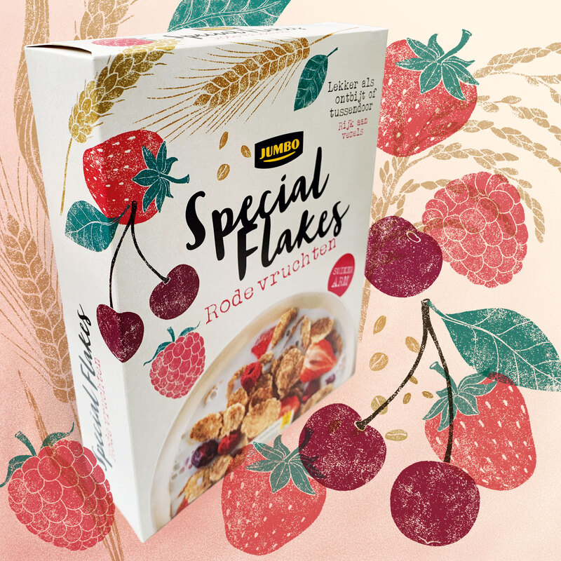 Illustrated strawberries, cherries, raspberries and grains surround a Special Flakes package of Jumbo Supermarket