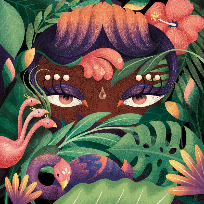 Birds in a jungle scene that look like eyes of a woman who spy through the leaves