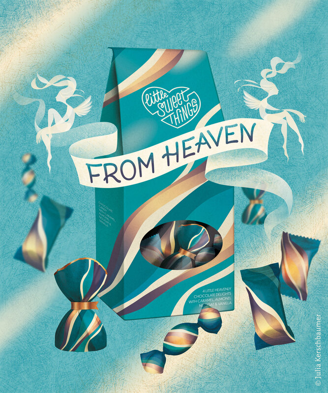 Packaging and handlettering logo on a banner saying from heaven on blue background with chocolate candies and white angels