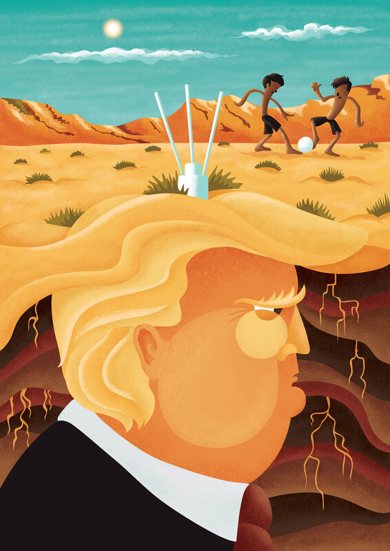 Satirical illustration of D. Trump lurking under the ground with a land mine on his head, kids playing on the ground above