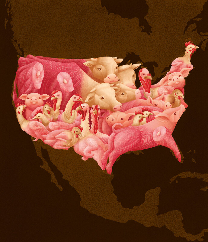 Densely packed, skinless farm animals that represent mass meat consumption and form the shape of the United States.